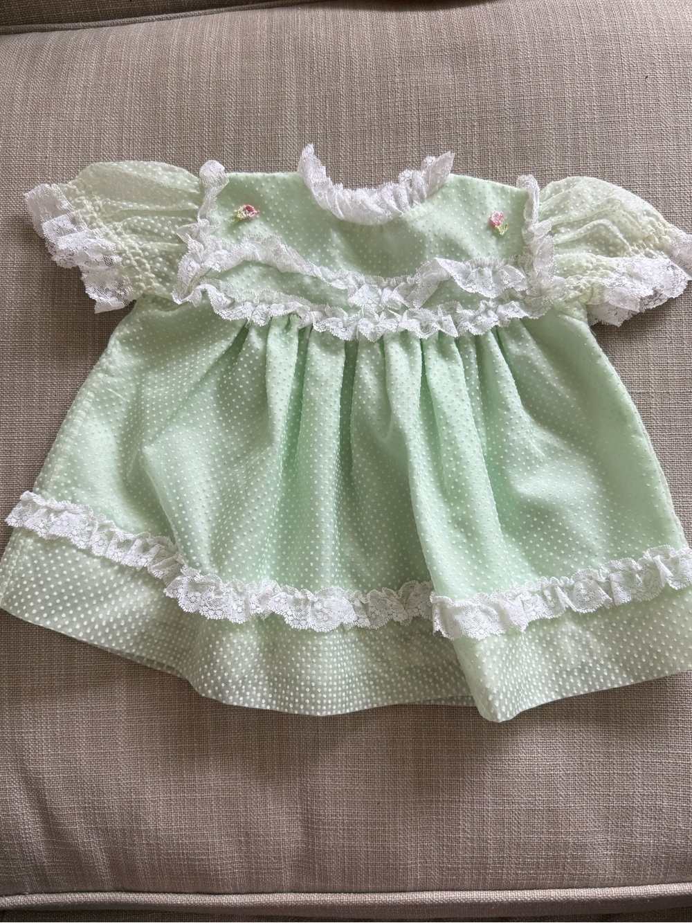 Vintage Baby Dress with White Lace Trim - Mint Green Polka Dot Swiss dot frilly